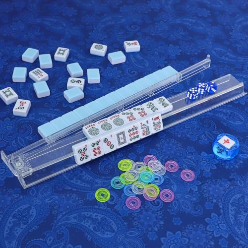 American Mahjong Game Set, 166 Blue Tiles, Blue Bag and Accessories, 4 All-in-One Transparent Rack/Pushers, Mahjong Tile Set - color: Blue