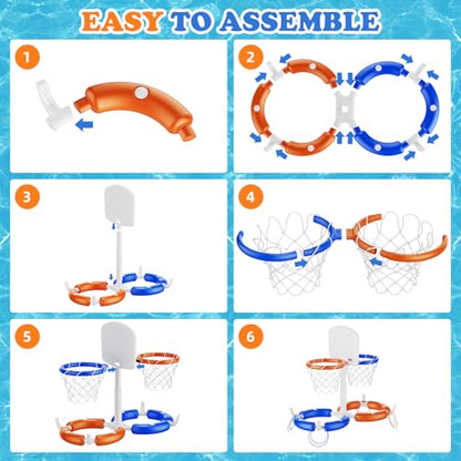 VROGTIK Dual Pool Basketball Hoop, Summer Toys for 3-12Years Kids Floating Pool Toys Ring Game with 4 Balls 8 Rings & Pump Outdoor Swimming Pool Basketball Games Water Play Toy for Boys & Girls - style: Dual Hoop