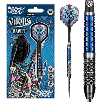 Shot Darts Steel Tip, Viking Raven (22g/23g/24g/25g), 90% Tungsten Barrels, Center Balanced with with Dual Grip, Handcrafted Professional Dart Set and Flights Made in New Zealand, Metal Tip Bar Darts - style: 23 Grams