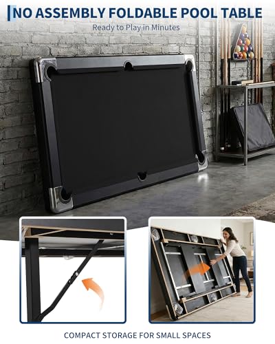 6,7 Foot Foldable Pool Table, Portable Billiards Table with Full Accessories Set, No Assembly, Metal k-Shaped Legs, Includes 16 Balls, 2 Cue Sticks, Chalk, Rack & Brush, Game Room Table for Home, Apar - size: Black-7FT