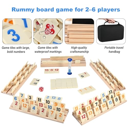 Rummy Cube Game 6 Players with 160 Rummy Tiles, 6 Wooden Racks, Rummy Travel Game Set with Zippered Case, Hourglass and Dice, Classic Family Board Game for Adults Kids