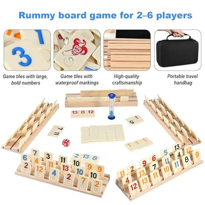 Rummy Cube Game 6 Players with 160 Rummy Tiles, 6 Wooden Racks, Rummy Travel Game Set with Zippered Case, Hourglass and Dice, Classic Family Board Game for Adults Kids