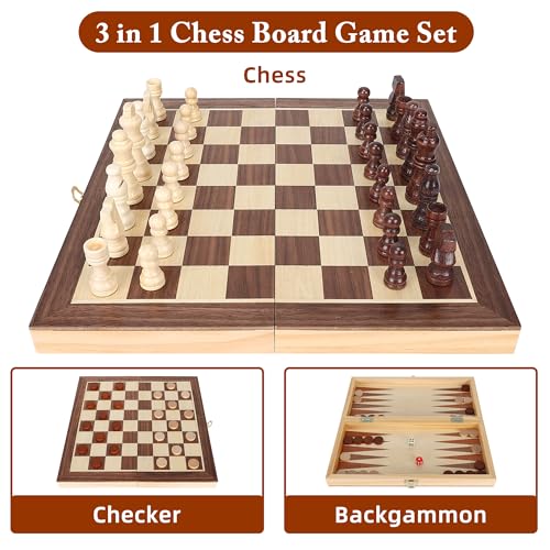 Offelec 3-in-1 Folding Chess Board Set, Wooden Chess Checkers and Backgammon Game Set for Adults Kids & Family, Portable Travel Board with Game Pieces Storage | Classic Strategy Board Games - color: 3-in-1 Folding Board Set