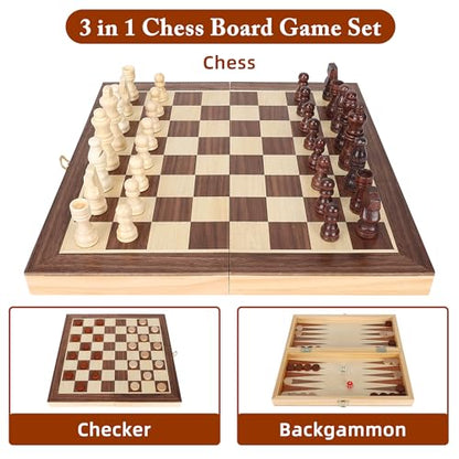 Offelec 3-in-1 Folding Chess Board Set, Wooden Chess Checkers and Backgammon Game Set for Adults Kids & Family, Portable Travel Board with Game Pieces Storage | Classic Strategy Board Games - color: 3-in-1 Folding Board Set