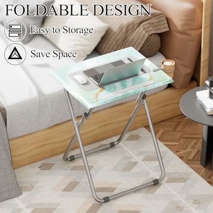 TV Trays Table Set of 2 Portable Folding TV Tray Table TV Dinner Tray with Sturdy MDF, Small Folding Tables with Phone & Tablet Slot, No Assembly Required, 15 x 18.9 x 25.6 in (Sea Blue Marble, 2Pcs) - color: Sea Blue, size: 2PCS