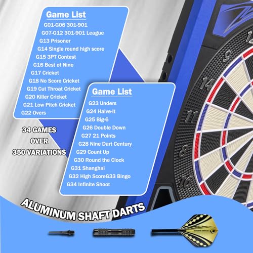 Electronic Dart Board with LED Sidelamp, Laser Toe Line, Digital Electronic Soft Tip Dartboard Set, Over 350 Variations, Includes 12 Darts, Suitable for Batteries/Adapters - color: Blue - Side Lights