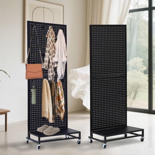 Eastern Tree Metal Pegboard Display Stand 2'x 5'with Base Plate, Pegboard Panels Display with Wheels, Peg Board Display Rack, Standing Pegboard Display with 30 Hooks - Black - color: Black