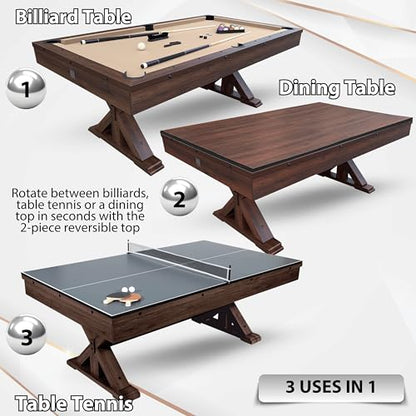 Freetime Fun 7 FT 3 in 1 Multi Game Pool Table with Dining Top Pool Table Ping Pong Table Combo, Includes Accessories and Tennis Paddles.
