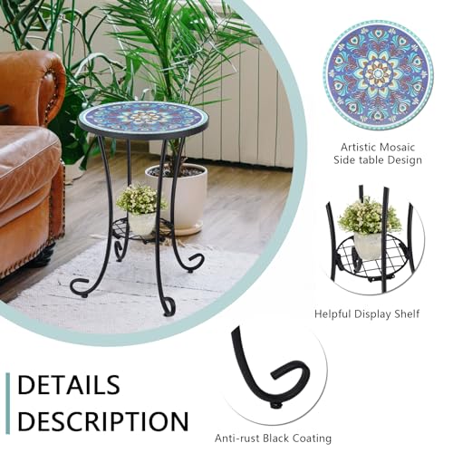VCUTEKA Outdoor Side Table Mosaic Patio Table Accent Tables Mosaic Tile Top Metal Frame Small End Tables Porch Beach Patio Garden Balcony Peacock Feather 14'' - color: Peacock Feathers