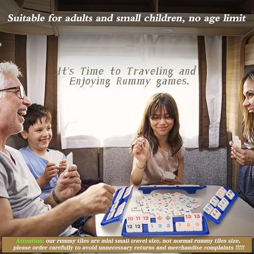 Doublefan Mini Rummy Cube Set, Mini Size Rummy Game with Portable Bag, Small Travel Game for Adult and Kids,106 Tiles, 4 Playing Rack, 1 Dice (2-4 Players) - style: Mini Size (2-4 Player)