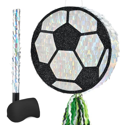 WERNNSAI Soccer Ball Piñata-Soccer Party decoration Piñata with Blindfold Bat for Kids Sports Themed Birthday Party Supplies Mirror Roller Skating Pull String - style: Soccer
