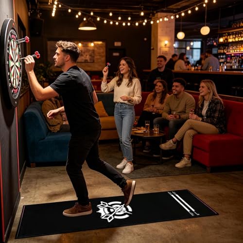 Dart Mat with Throw Line – Crystal Velvet 34x300cm Portable Non Slip Darts Distance Mat with Printed Throw Line Floor Protection Runner | Professional Dart Board Setup Accessory - color: Black and white
