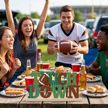 Touch Down Football Table Decorations Game Day Metal Table Sign with Wooden Base Football Sports Theme Tabletop Centerpieces for Man Boys Super Bowl Tiered Tray Decor Party Room Decor - style: Touch Down Football