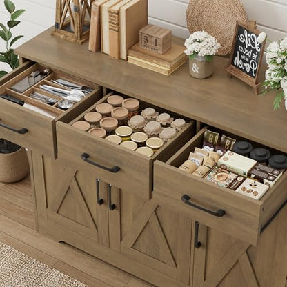 HOSTACK Modern Farmhouse Buffet Sideboard Cabinet, Barn Doors Storage Cabinet with Drawers and Shelves, Wood Coffee Bar Station for Dining Room, Kitchen, Living Room, Rustic Brown - color: Rustic Brown