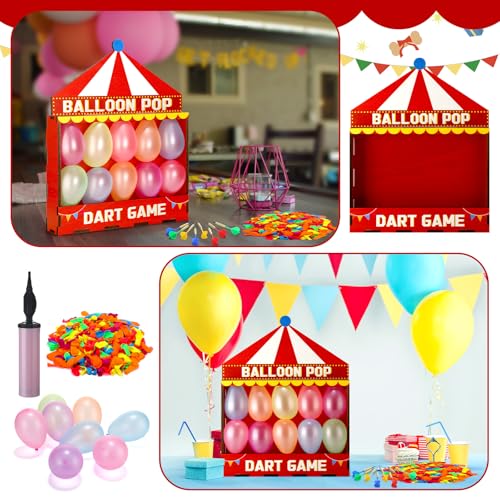 Seenelling Balloon Dart Carnival Game Set Carnival Themed Wooden Box with 500 Balloon 8 Colorful Darts Adhesive Dots for Booth Game Birthday Party Backyard Lawn Event 16.5'' x 12.5'' x 4.5''