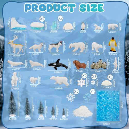 Warmtree 46-Piece Arctic Animals Figurine Set Includes 22 Polar Bear and Penguin Figurines, 6 Mini Pine Trees, 18 Icebergs Snow, Ripple Water Stickers, and Ocean Habitat Diorama Supplies