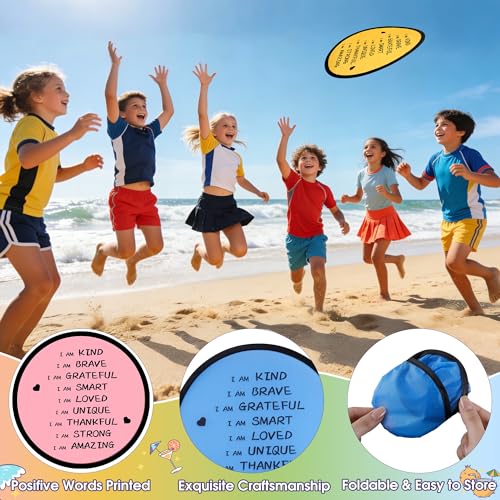 End of the Year Gifts for Students Bulk Foldable Flying Disc Fans Set with Stickers Bags, End of Year Student Gifts from Teacher Beach Fun Folding Pocket Hand Fans for Outdoor Activities Games - style: 24 Pcs Inspirational Flying Disc Fans-B