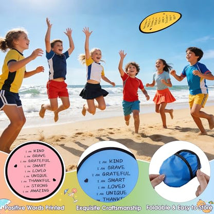 End of the Year Gifts for Students Bulk Foldable Flying Disc Fans Set with Stickers Bags, End of Year Student Gifts from Teacher Beach Fun Folding Pocket Hand Fans for Outdoor Activities Games - style: 24 Pcs Inspirational Flying Disc Fans-B