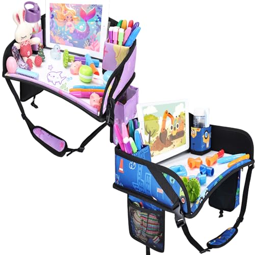 2PCS Kids Travel Tray for Airplane - Toddler Car Seat Table Tray, Road Trip Essentials for Boys & Girls, Carseat Lap Desk for Kids Road Trip Activities (Dark Blue Car/Purple Mermaid) - color: Dark Blue Car/Purple Mermaid--2PCS