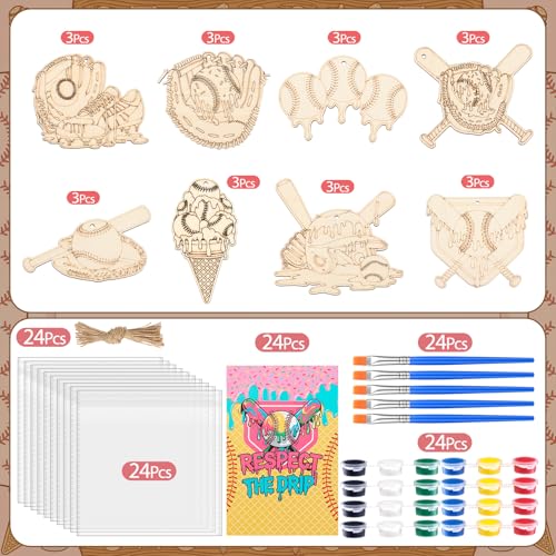 Saypacck 24 Pcs Ice Cream Drip Baseball Party Favors Wooden Painting Craft Kits Birthday Party Supplies with Organza Bag for Goodie Bags Fillers Adult Thank You Gifts - style: Ice Cream Drip Baseball