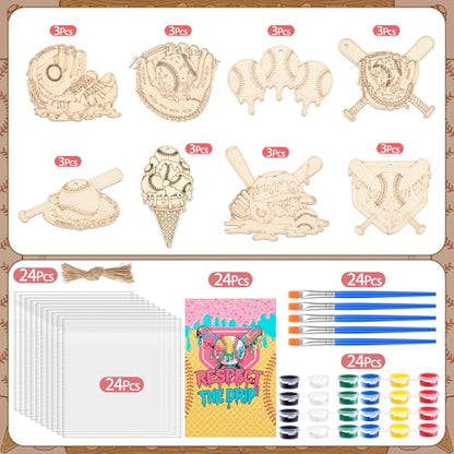 Saypacck 24 Pcs Ice Cream Drip Baseball Party Favors Wooden Painting Craft Kits Birthday Party Supplies with Organza Bag for Goodie Bags Fillers Adult Thank You Gifts - style: Ice Cream Drip Baseball