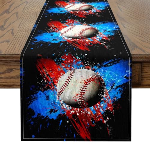 Baseball Table Runners 13X48 Inch,Baseball Games Tie Dye Table Runner for Girls Women Kids,Ball Games Sports Rectangular Dining Room Kitchen Table Setting Decor - size: 48"x13"