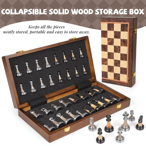 Luxury Large Chess Set 17 Inch Wooden Chess Board with Metal and Acrylic Chess Pieces, 3.5" King, 2 Extra Queens, Foldable Tournament Chess Set for Adults and Kids, Gift Display Chess Game Collection