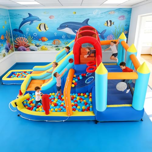 JOYLDIAS Inflatable Water Slide Park, Giant Bounce House with 450W Blower, Climbing Wall, Dual Basketball Hoops & Ring Toss Games - Outdoor Backyard Jumper for Kids Ages 3+ - color: 9 in 1