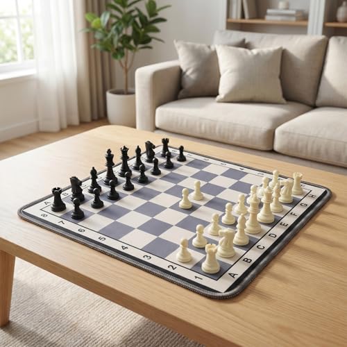 Portable Chess Mat Set for Kids & Beginners – 14.6” x 14.6” Foldable Chess Board with Pieces & Storage Bag | Soft Fabric Chess Mat with Coordinates | Travel-Friendly Indoor Chess Game