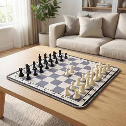 Portable Chess Mat Set for Kids & Beginners – 14.6” x 14.6” Foldable Chess Board with Pieces & Storage Bag | Soft Fabric Chess Mat with Coordinates | Travel-Friendly Indoor Chess Game