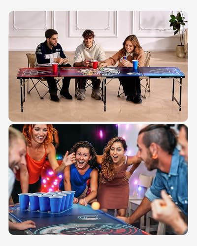 VEVOR 8 Foot Portable Beer Pong Table, LED Lights, Foldable Tailgate Desk with Carrying Handles and 6 Pong Balls, Adjustable Height, Lightweight, for Office, Tailgate Party, Travel & Camping