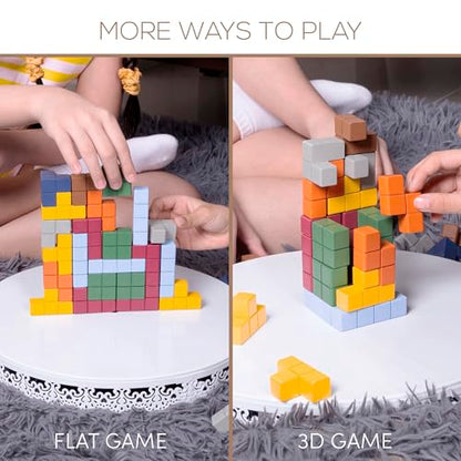 Tower Stack Game - 32PCS Wooden Balance Game with Building Blocks & Cards - Durable Tetra Tower Stacking for Kids & Adults - Fun 1+ Player Balance Stacking Games.