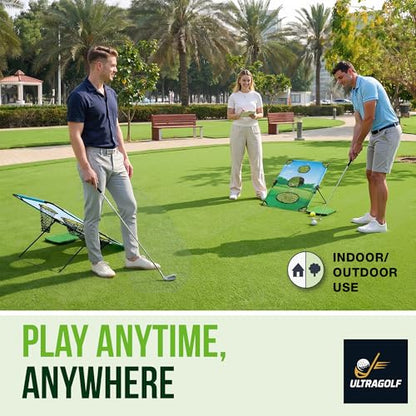 2-in-1 Golf Cornhole Chipping Game Set for Adults, Families and Golf Lovers – Foldable Yard Game with Targets, Non-Slip Mats, Balls, Stakes – Portable Outdoor Lawn and Backyard Simulator