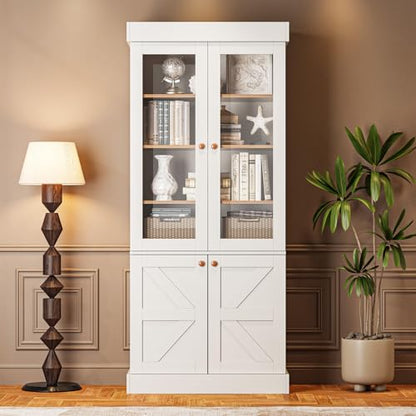 Vyre 71" Tall Farmhouse Bookshelves with Glass Doors and Drawers, Set of 2 – Large Modular Bookcase with Adjustable Shelves, Storage Cabinet for Living Room, Kitchen, White - color: White