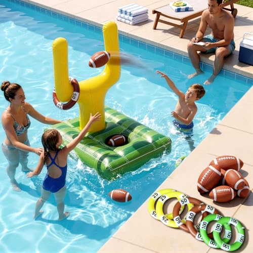 Inflatable Football Pool Ring Toss Game - 3-in-1 Floating Football Target for Swimming Pool, Backyard & Beach - Heavy Duty PVC Pool Toys for Kids and Adults Summer Party Games