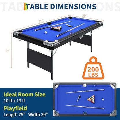 6-7 ft Folding Pool Table Set, Portable Billiard Table with Stable Steel Frame, Includes Balls, Cues, Chalks and Brush for Family Game Room, Basement
