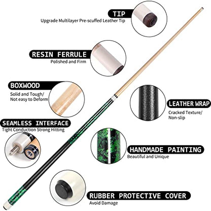 LOTKEY Pool Stick,Pool Cue Sticks 58'' Solid Canadian Maple Wood Extra 2 Pool Chalk and Gloves Included Durable for Professional Billiard Players (Green)