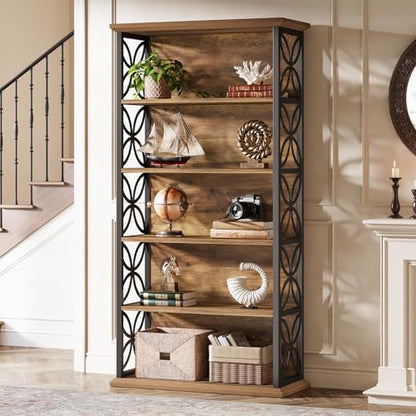 Tribesigns 6-Tier Tall Bookshelf, 71" Industrial Bookcase with Metal Frame, Freestanding Open Storage Shelves for Home Office, Living Room, Bedroom - color: Rustic Brown