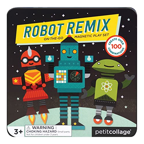 Petit Collage Magnetic Play Set, Robot Remix – Mix & Match Magnetic Game Board, Ideal for Ages 3+ – Includes 2 Magnetic Scenes and over 25 Magnet Pieces, Ideal Travel Activity for Kids - color: Mag Play Set Robot Remix