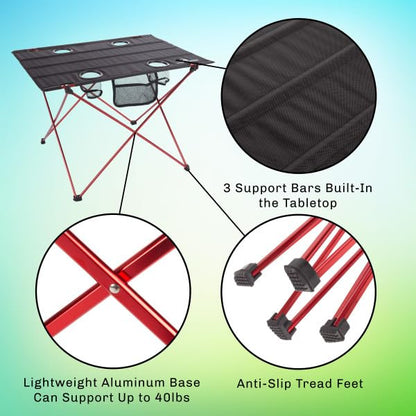 Camp Table - Outdoor Folding Table with 4 Cupholders and Carrying Bag for Camping, Beach, Picnic, Sporting Events, and More by Wakeman Outdoors | Outdoor - style: 4 Cupholders
