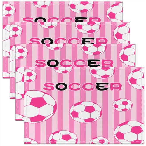 Castle Fairy Soccer Kids Placemats Set of 4,Cartoon Geometric Stripe Table Place Mats,Football Sport Kitchen Decor,Pink and White Placemat Kitchen Table Decoration 12"x18" - color: Pink and White