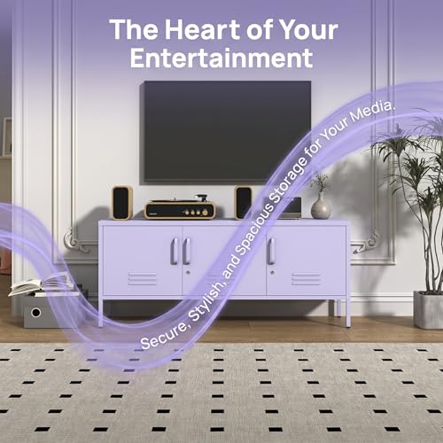 3 Door Lockable Metal TV Stand Storage Cabinet with Accent Cabinet Locker, Wide Heavy Duty Media Console for Large 100+ Inch TVs, Home Office Entertainment Center, Purple 22"H X 47.3"W X 13.8"D - color: Lilac, style: TV stand-22"H-LM