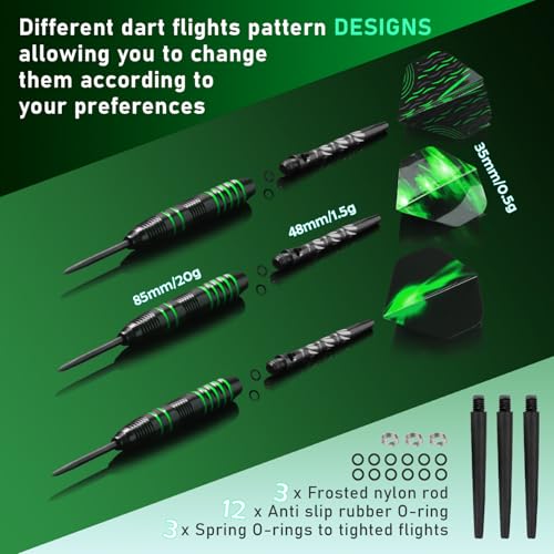XAWU 3 Pack Steel Tip Darts Set Professional Darts 22g, 24g with 9 Dart Flights 3 Aluminum Shafts 3 Spare Shafts 1 Dart Sharpener 12 Rubber O-Rings Flight Protector and Darts Case - color: ‎22g Green & Black