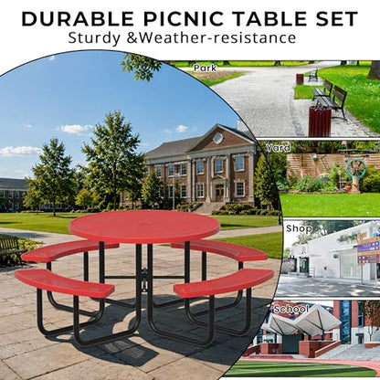 All-Weather Round Outdoor Picnic Table, Commercial Picnic Table Bench Set with Umbrella Hole, Thermoplastic Coated Metal Dining Tables for School, Stores, Park, Patio, Yard, Red - color: Red