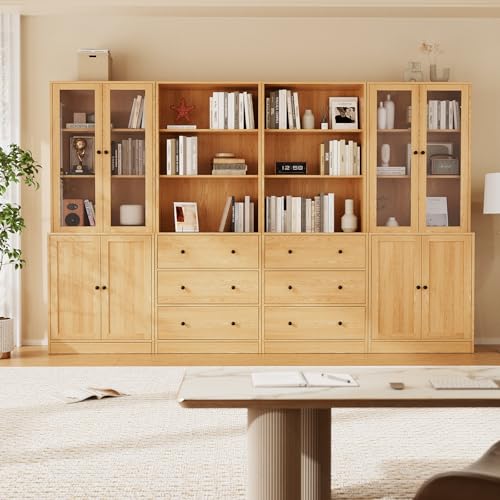 TUSY 71" H Bookshelf with Storage, 6-Tier Modern Bookshelves with 3 Large Drawer, Display Bookcase with Glass Doors, Modern 5-Tier Curio Cabinet for Home Office, Dining Room (Wood, ABBA) - color: Wood