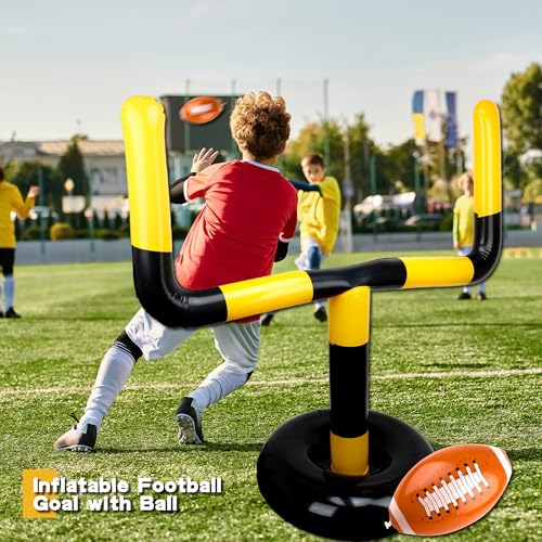4 Pcs Giant Inflatable Football Set Include 1 Jumbo Blow Up Football Field Goal Post and 3 Pcs Inflatable Footballs for Outdoor Fun Practice