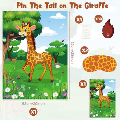 PLULON Pin The Tail on The Giraffe Party Game, Birthday Games Big Giraffe Poster with Tail Stickers for Zoo Animal Party Favors Wall Decorations Birthday Activities Jungle Party Supplies - style: Giraffe
