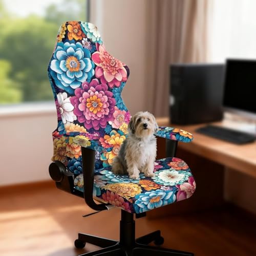 Suobstales Boho Mandala Flower Pattern Gaming Chair Covers Waterproof Cat Scratch Proof Stretch Game Chair Cover with Armrest Anti-Scratch Protection for Ergonomic Gaming Rotating Desk Chair - color: Boho Mandala Flower