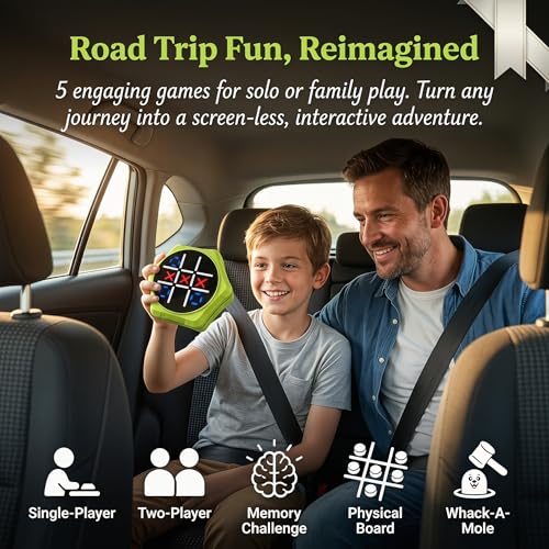 5-in-1 Electronic Tic Tac Toe Game for Kids - Rechargeable & Silent | Handheld Brain Teaser with Physical Board & Storage, Screen Free Travel Game for Car Ride Airplane, Gift for Teens Adults