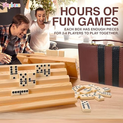 Playbees Jumbo Double Six Dominoes Set - 28 White Classic Tiles in Faux Leather Case - Fun Educational Toy for Kids, Boys, Girls, Classroom Kit, Classic Game Night Party Favors Set, Travel-Friendly - size: Ivory, style: Classic